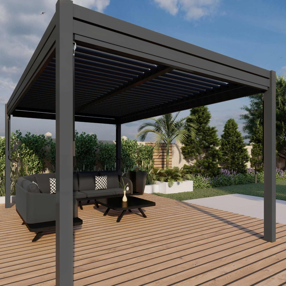 Aluminum Grey Pergola Gazebo with Louvered Roof 3m x 4m with 4 drop curtains and LED lights