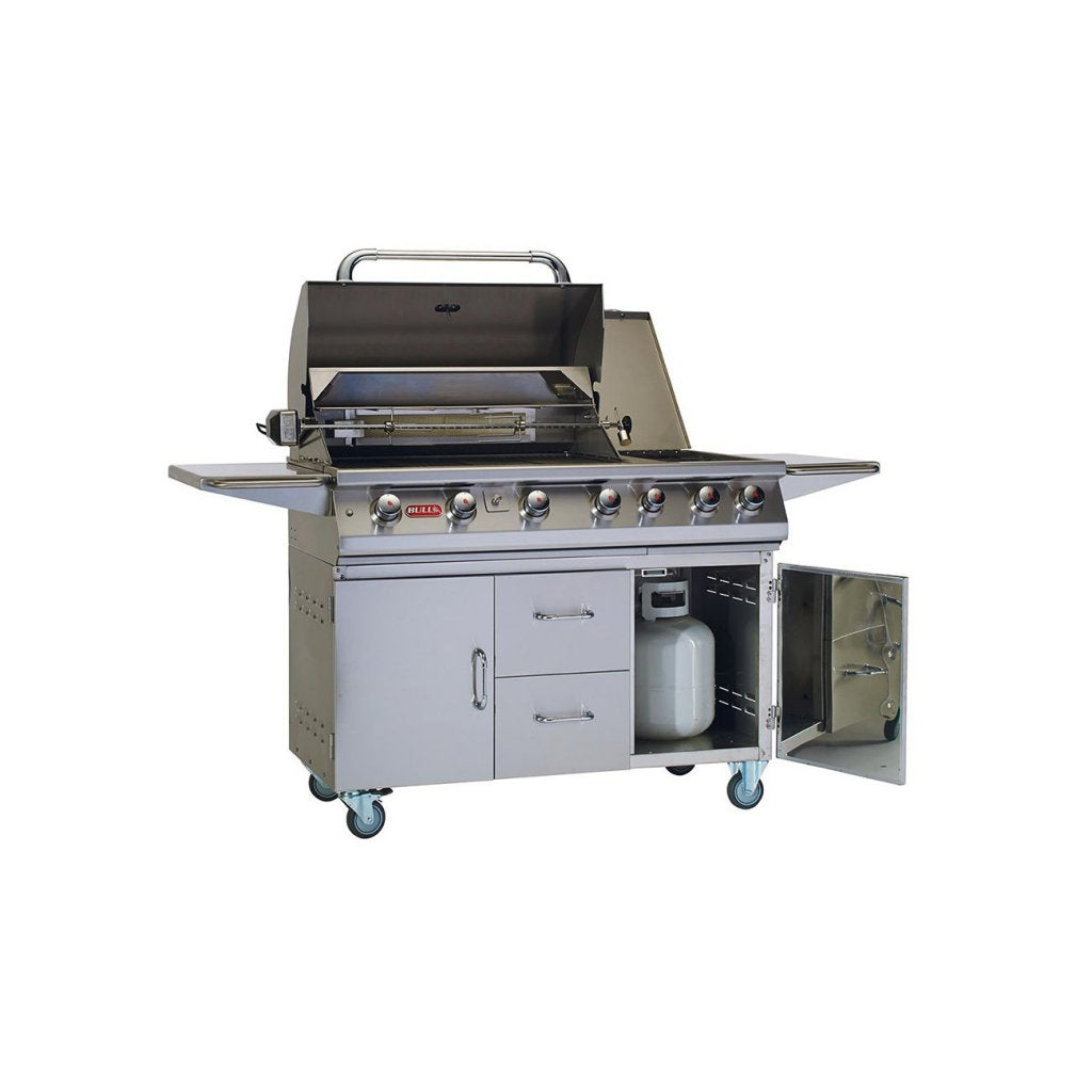 BULL 7 Burner Propane Gas BBQ With Double Side Burner Cart and Rotisserie and FREE COVER