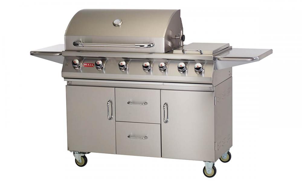 EX DISPLAY BULL 7 Burner natural Gas BBQ With Double Side Burner Cart and Rotisserie with FREE Cover