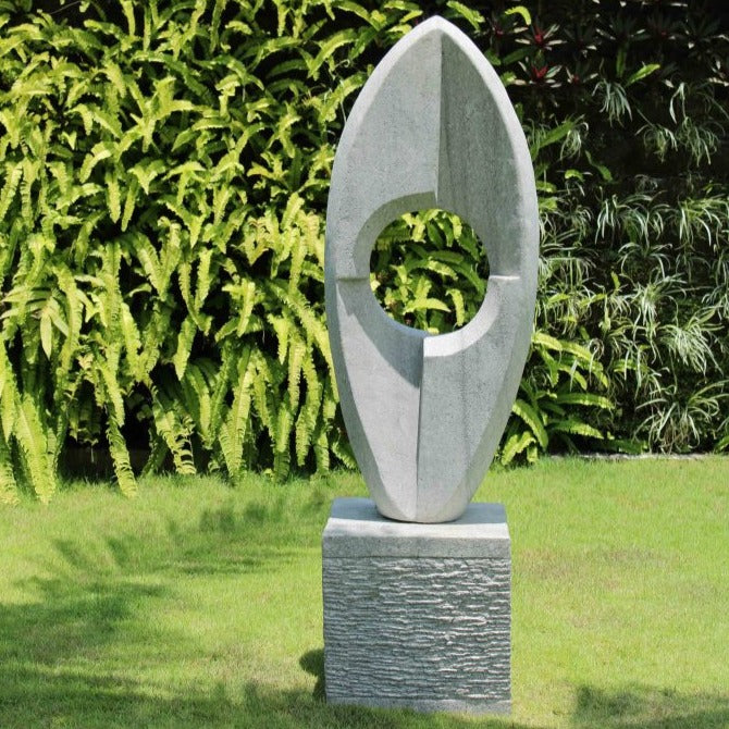 Hand Carved Sandstone Eclipse Stone Sculpture With Plinth