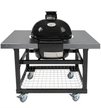 Load image into Gallery viewer, Primo oval Ceramic Charcoal BBQ with robust cart and Stainless stew side shelves for food prep 
