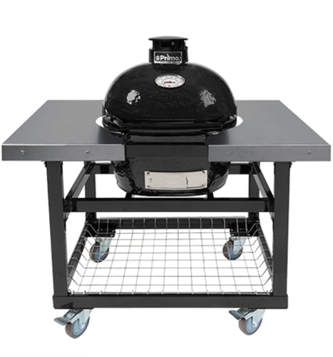 Primo oval Ceramic Charcoal BBQ with robust cart and Stainless stew side shelves for food prep 
