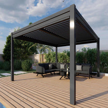 Load image into Gallery viewer, Aluminum Grey Pergola Gazebo with Louvered Roof 4m x 4m with 4 drop curtains and LED lights
