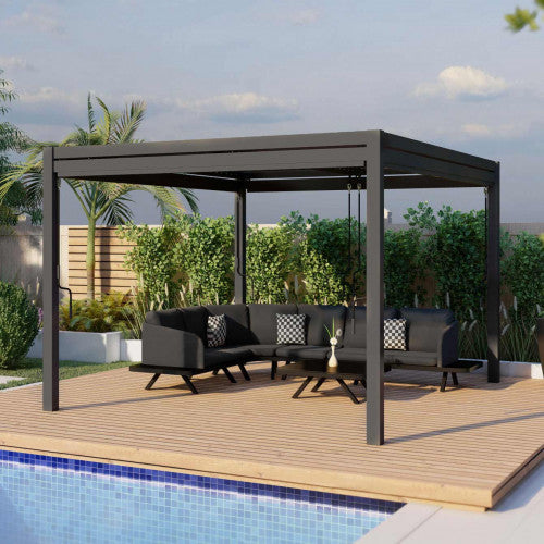 Aluminum Grey Pergola Gazebo with Louvered Roof 4m x 4m with 4 drop curtains and LED lights