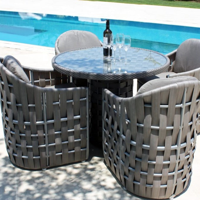 Skyline Design Strips Four Seat Round Rattan Outdoor Dining Set Silver Walnut Weave