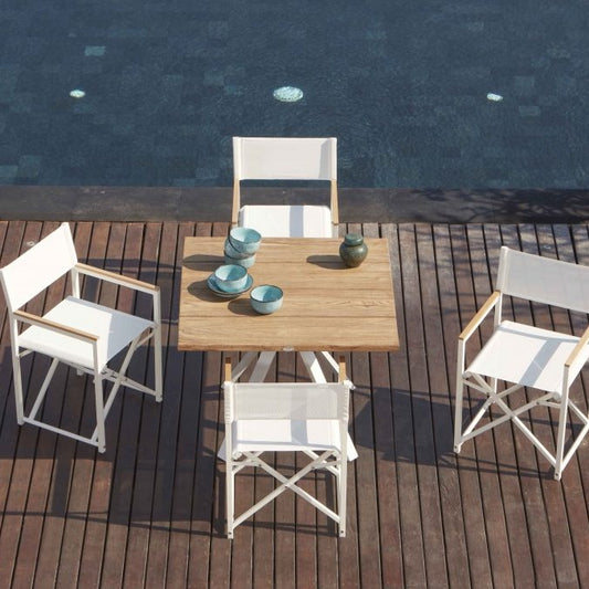 Skyline Design | Venice White Metal Four Seat Square Outdoor Dining Set With Alaska Teak Top | Posh Garden Furniture Centre 