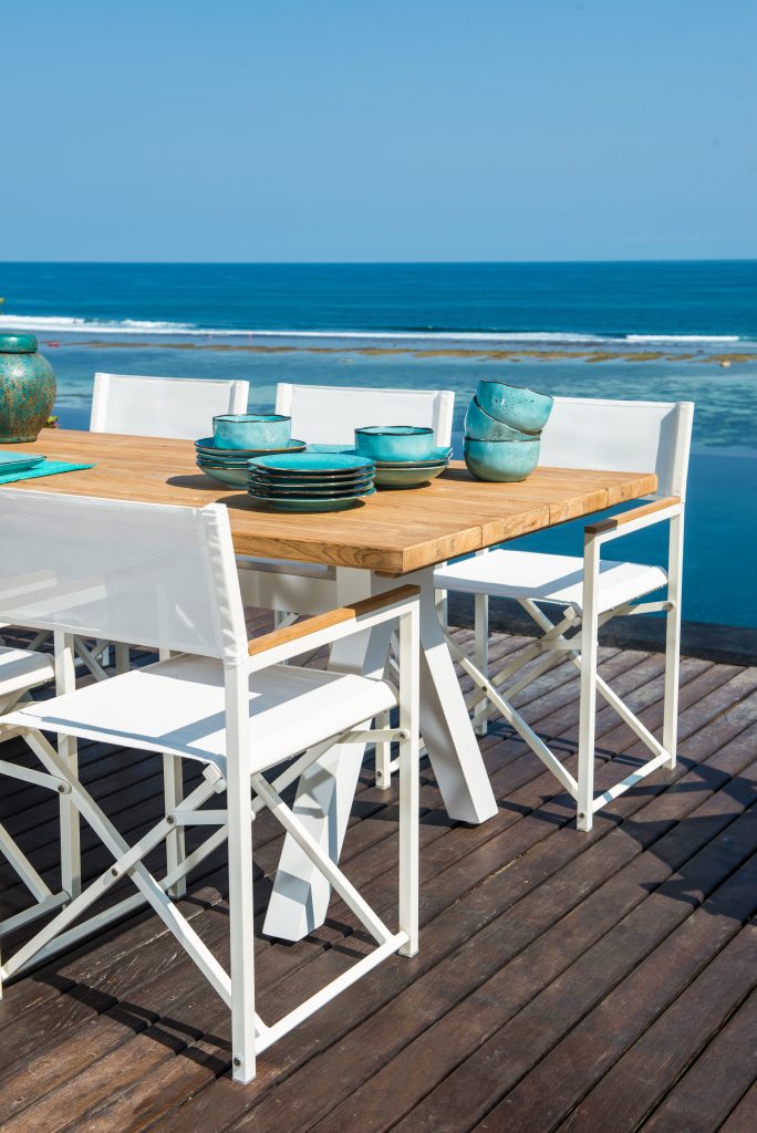 Skyline Design Venice White Eight Seat Rectangular Outdoor Dining Set with Alaska Teak Table