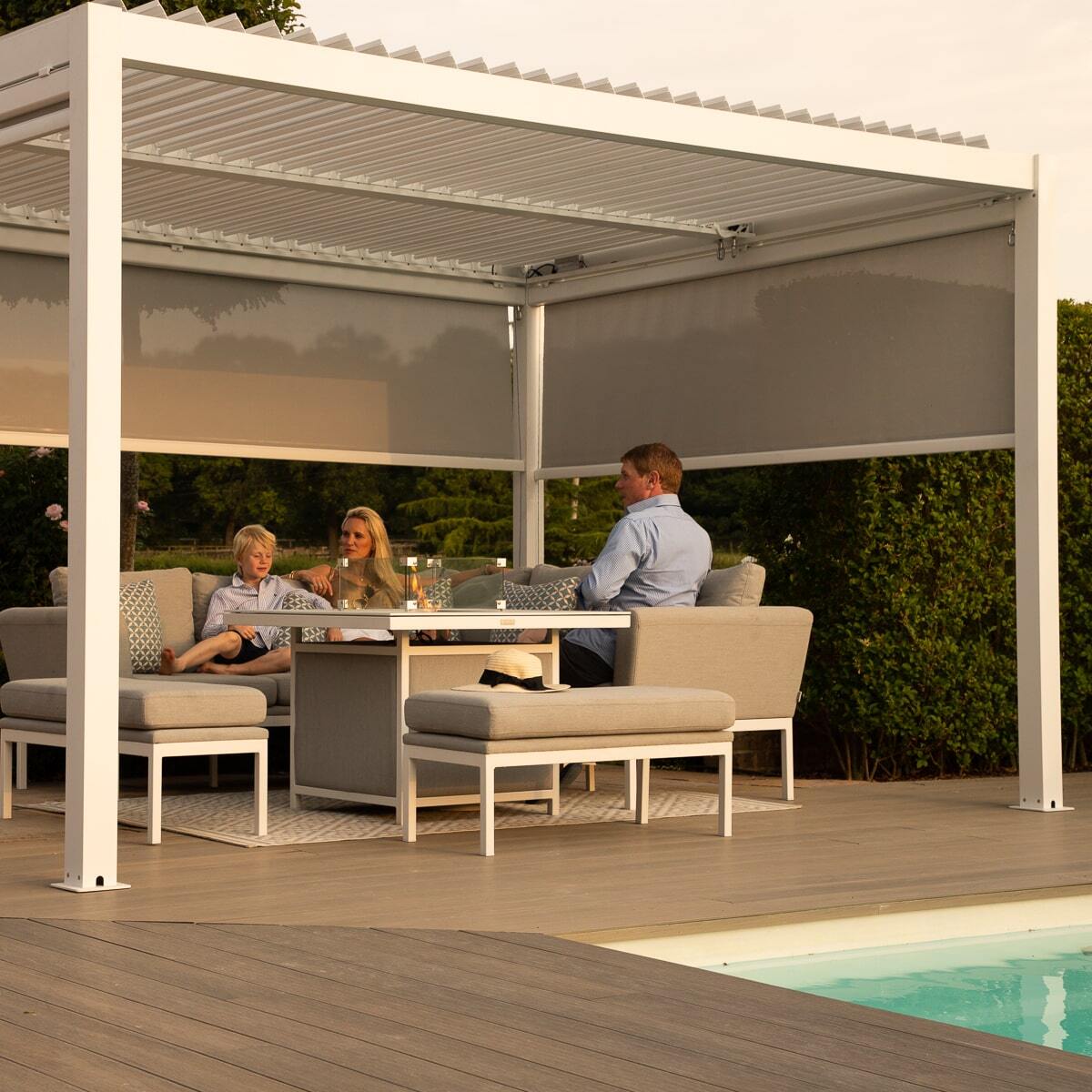 Aluminum White Pergola Gazebo with Louvered Roof 3m x 4m with 4 drop curtains and LED lights