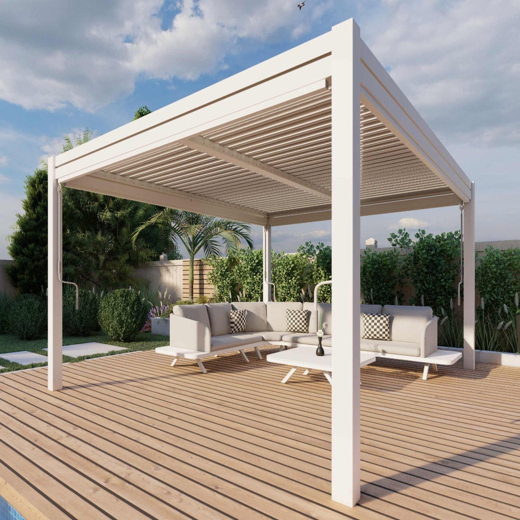 Aluminum White Pergola Gazebo with Louvered Roof 3m x 4m with 4 drop curtains and LED lights