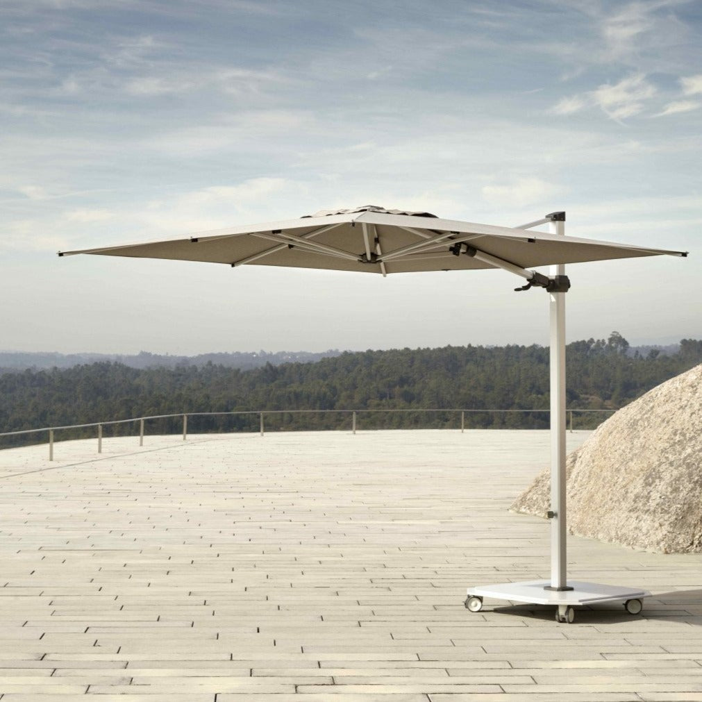 Carectere JCP-302 260cm x 260xm cm Square Cantilever Parasol with Wheeled 158kg Parasol BaseThe Commercial Grade Jardinico Carectere JCP-302 Square 260 x 260 cm  Cantilever side arm parasol comes complete with heavy duty wheeled base and weather cover.