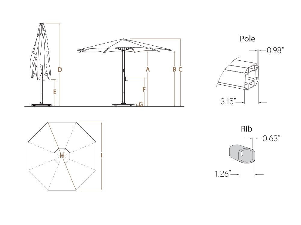 Carectere JCP-203 4.5m Octagonal Large Centre Pole Parasol with Wheeled 158kg Parasol Base