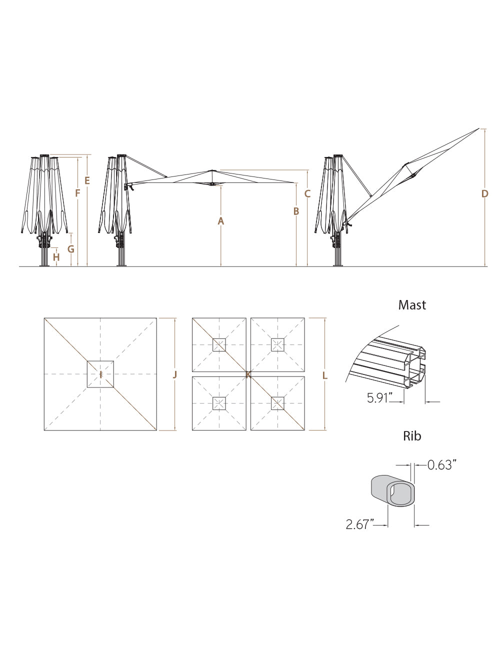 Jardinico Carectere JCP-501 Multi Arm Centre Pole Commercial Giant parasol with Base