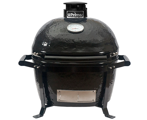 Primo Oval Junior 200 Ceramic Black Kamado BBQ with metal Cradle carrying system