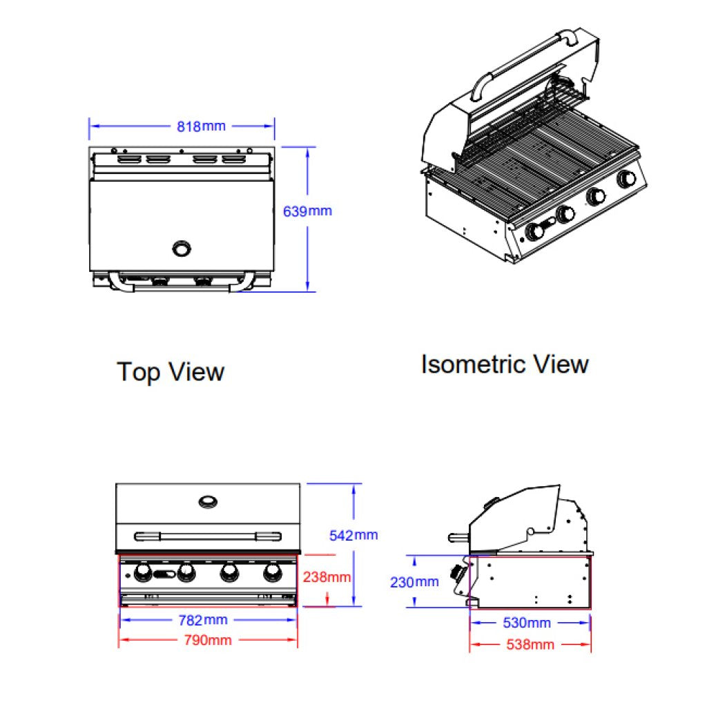 BULL LONESTAR 4 Burner Built in Propane Gas BBQ Grill Head with Internal Lights