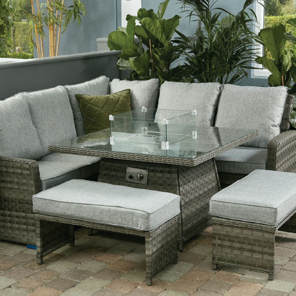Boston Dark Grey Rattan Casual Corner Garden Dining Set with Square Table Gas Fire pit